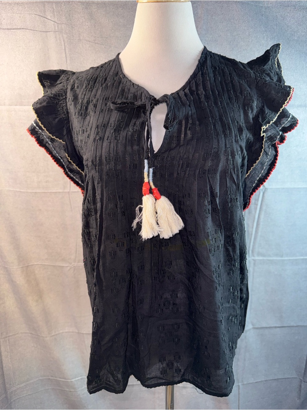 1890-ACOS&A Black Flutter-Sleeve Tie-Front Women's Blouse with Tassels